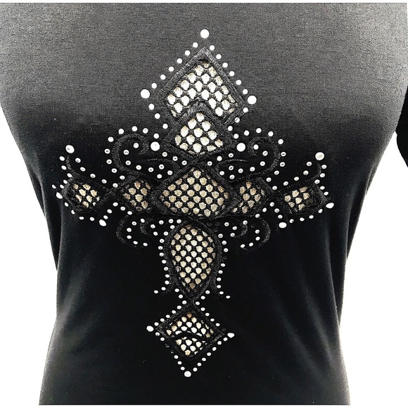 Tee Black Small Mesh See Through Cross Short Sleeve Rhinestones Biker Sexy NWT S - Picture 4 of 7